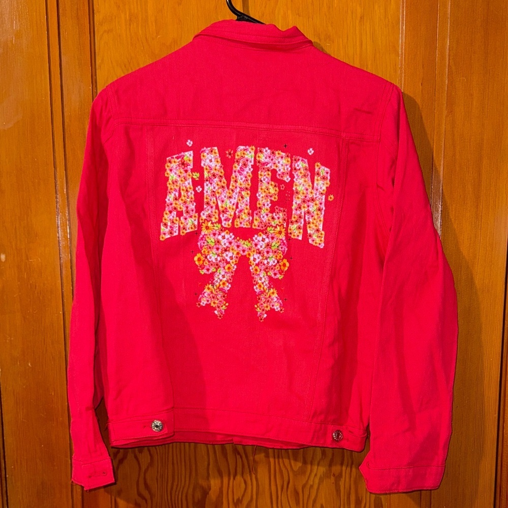Red Jean Jacket with Floral Design